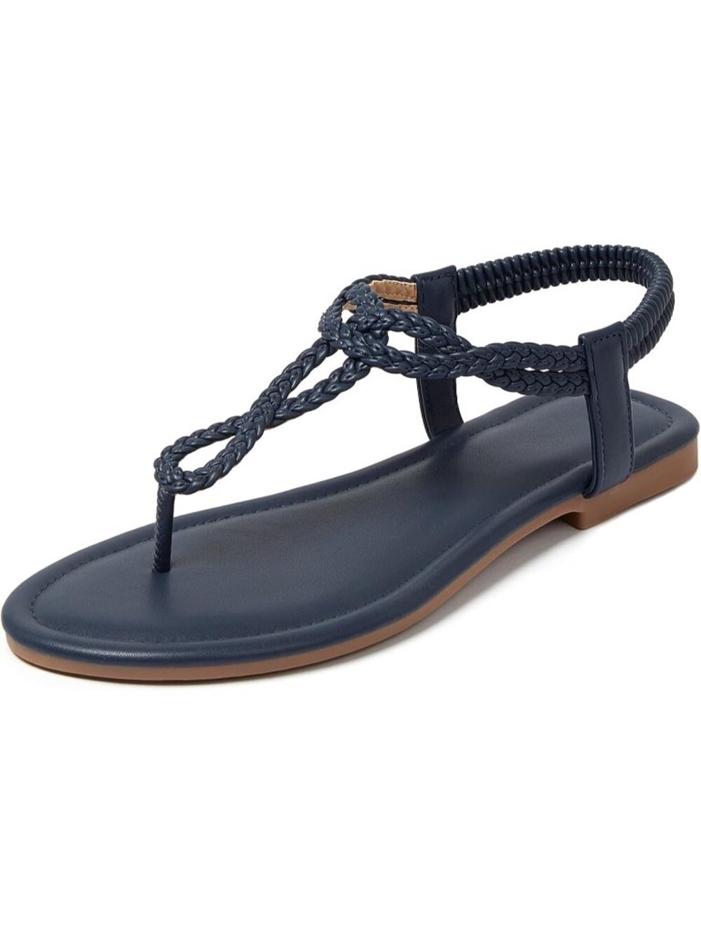 🆕 Women's Navy Blue Braided T-Strap Flat Sandals Summer Boho Beach Shoes